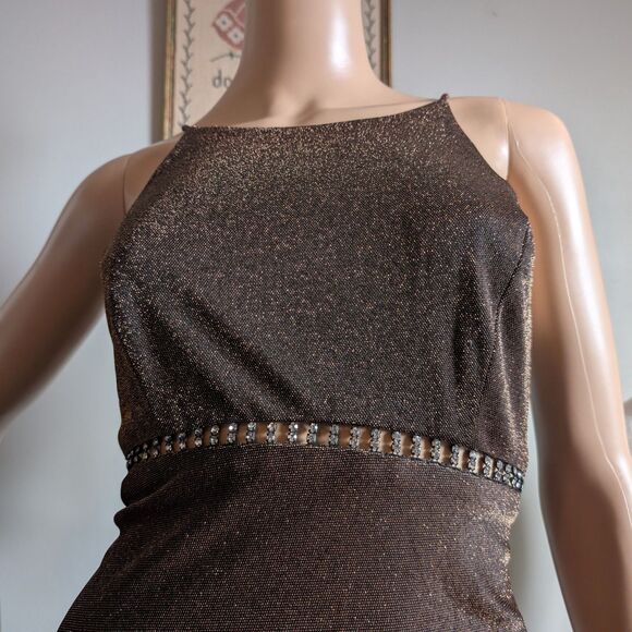Vintage 90s Cache Metallic Maxi Dress Prom Gown Rhinestone Whimsygoth Size 7 - Picture 11 of 13